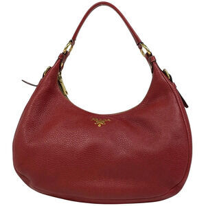 Prada Logo Shoulder Bag Hobo Leather Red